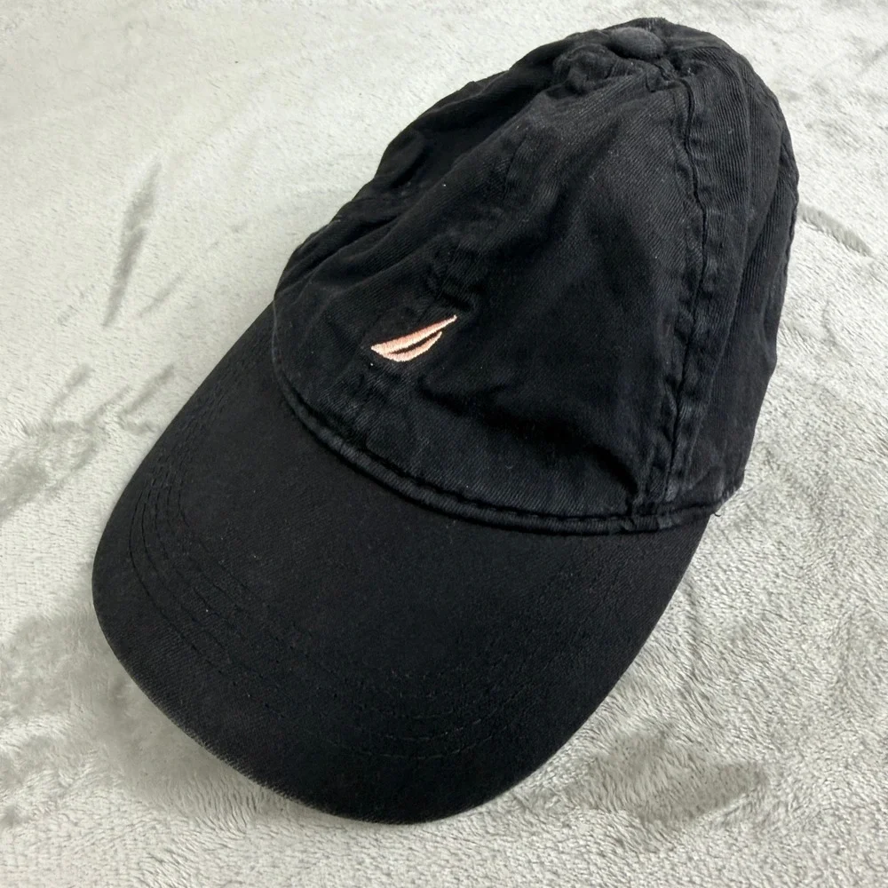 Nautica Mens Black Cotton Adjustable Baseball Hat Cap Logo Navy Underbrim OSFM